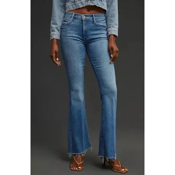 MOTHER The Weekender Fray Blue Flared Jeans Meet Cute Raw Hem Boot - Picture 1 of 16